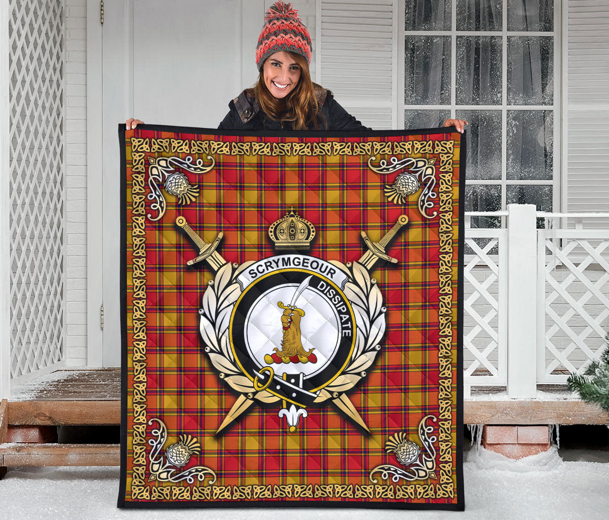 Scrymgeour Tartan Crest Premium Quilt - Celtic Thistle Style