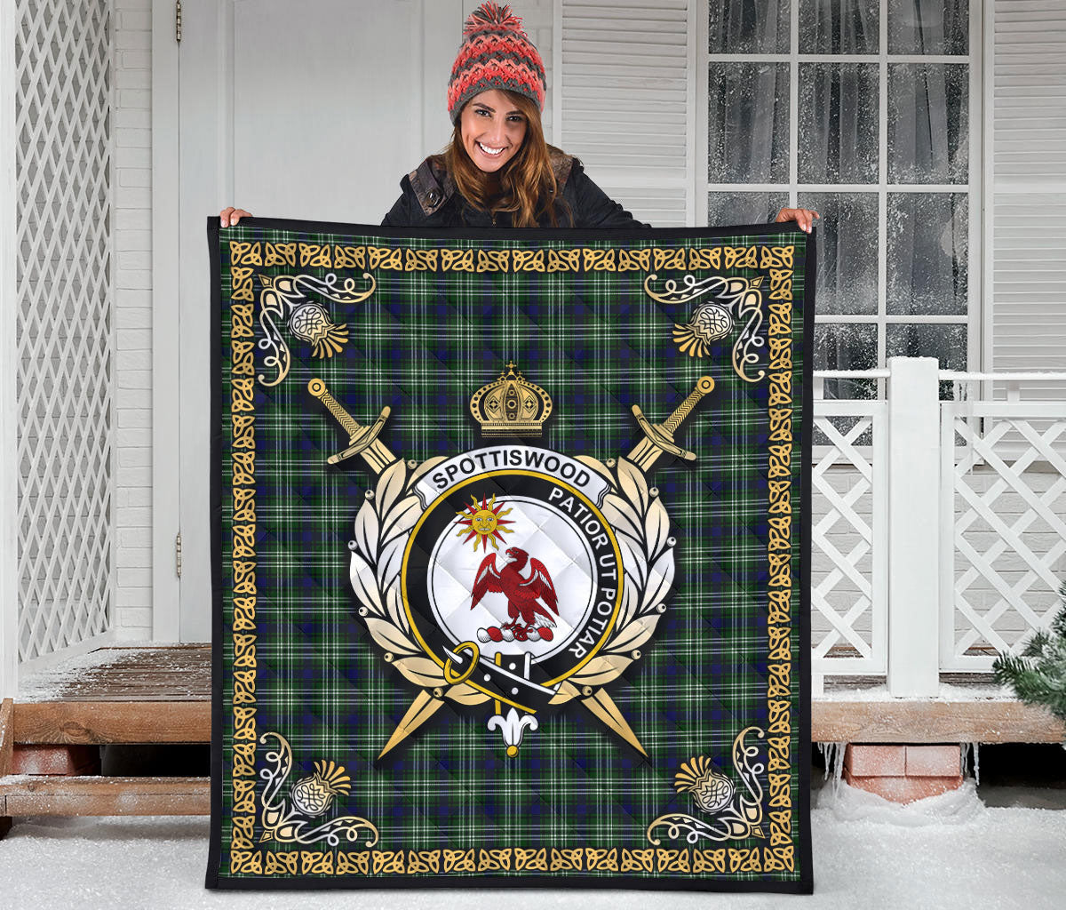 Spottiswood Tartan Crest Premium Quilt - Celtic Thistle Style