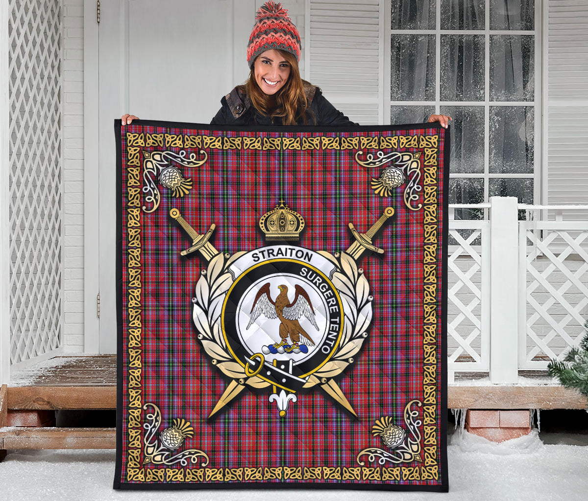 Straiton Tartan Crest Premium Quilt - Celtic Thistle Style