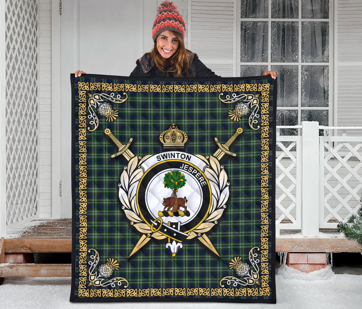 Swinton Tartan Crest Premium Quilt - Celtic Thistle Style