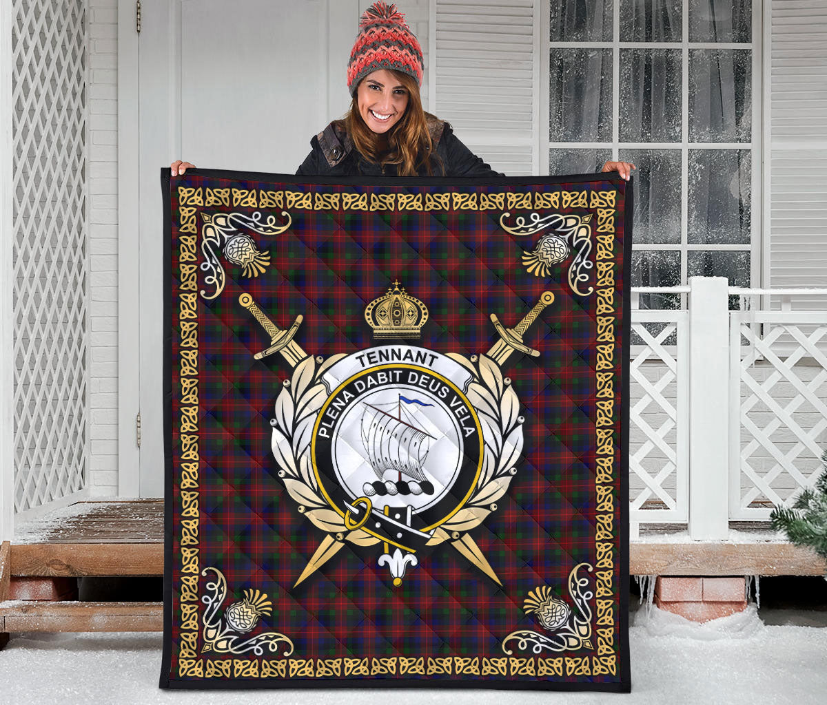 Tennant Tartan Crest Premium Quilt - Celtic Thistle Style