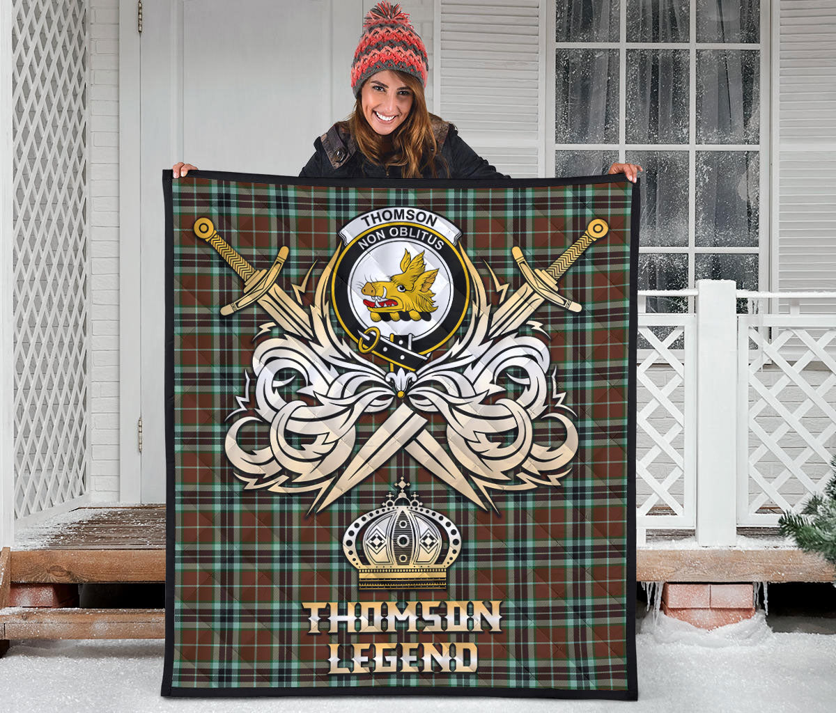 Thomson Hunting Modern Tartan Non Oblitus Crest Legend Gold Royal Premium Quilt