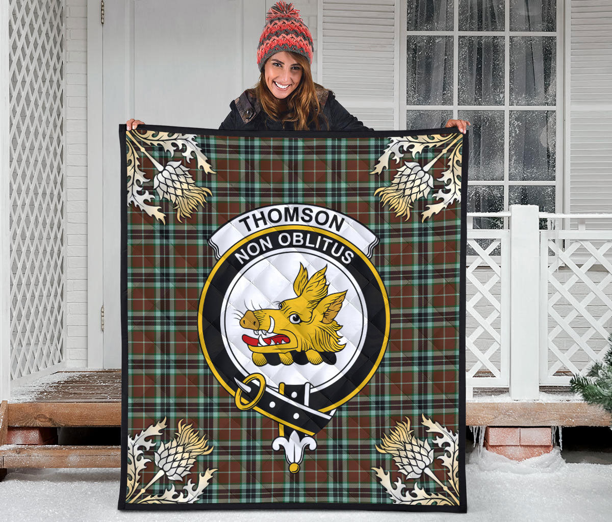 Thomson Hunting Modern Tartan Non Oblitus Crest Premium Quilt - Gold Thistle Style