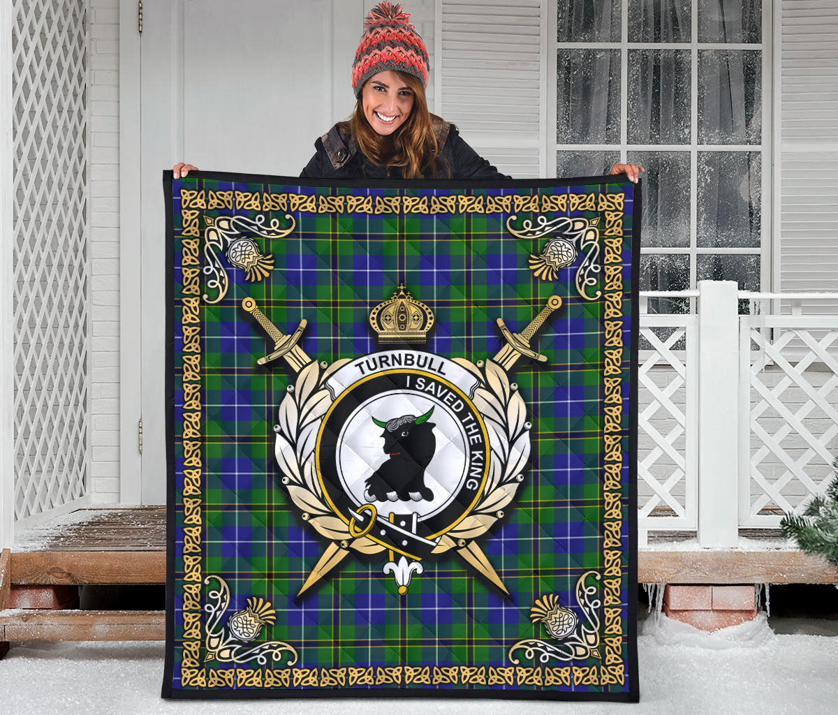 Turnbull Hunting Tartan Crest Premium Quilt - Celtic Thistle Style