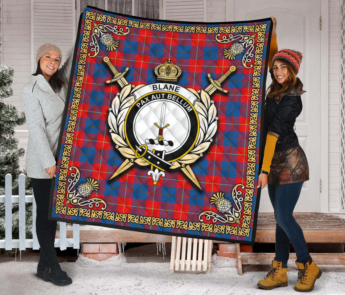 Blane Tartan Crest Premium Quilt - Celtic Thistle Style