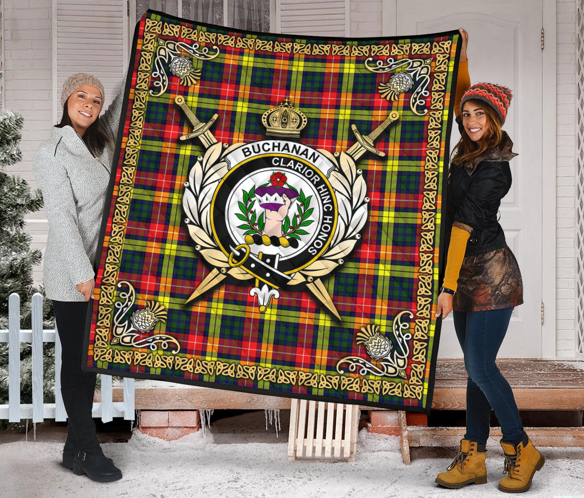 Buchanan Modern Tartan Crest Premium Quilt - Celtic Thistle Style