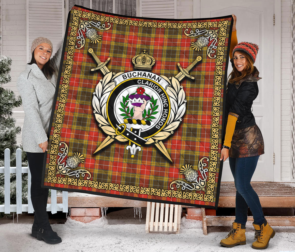 Buchanan Old Set Weathered Tartan Crest Premium Quilt - Celtic Thistle Style