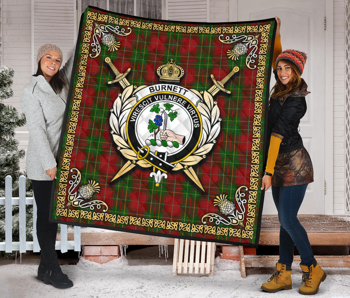 Burnett Tartan Crest Premium Quilt - Celtic Thistle Style