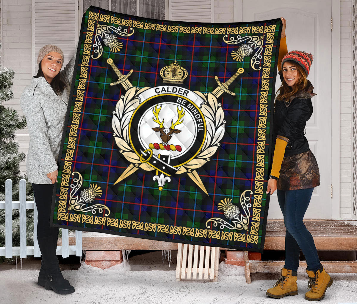 Calder Tartan Crest Premium Quilt - Celtic Thistle Style