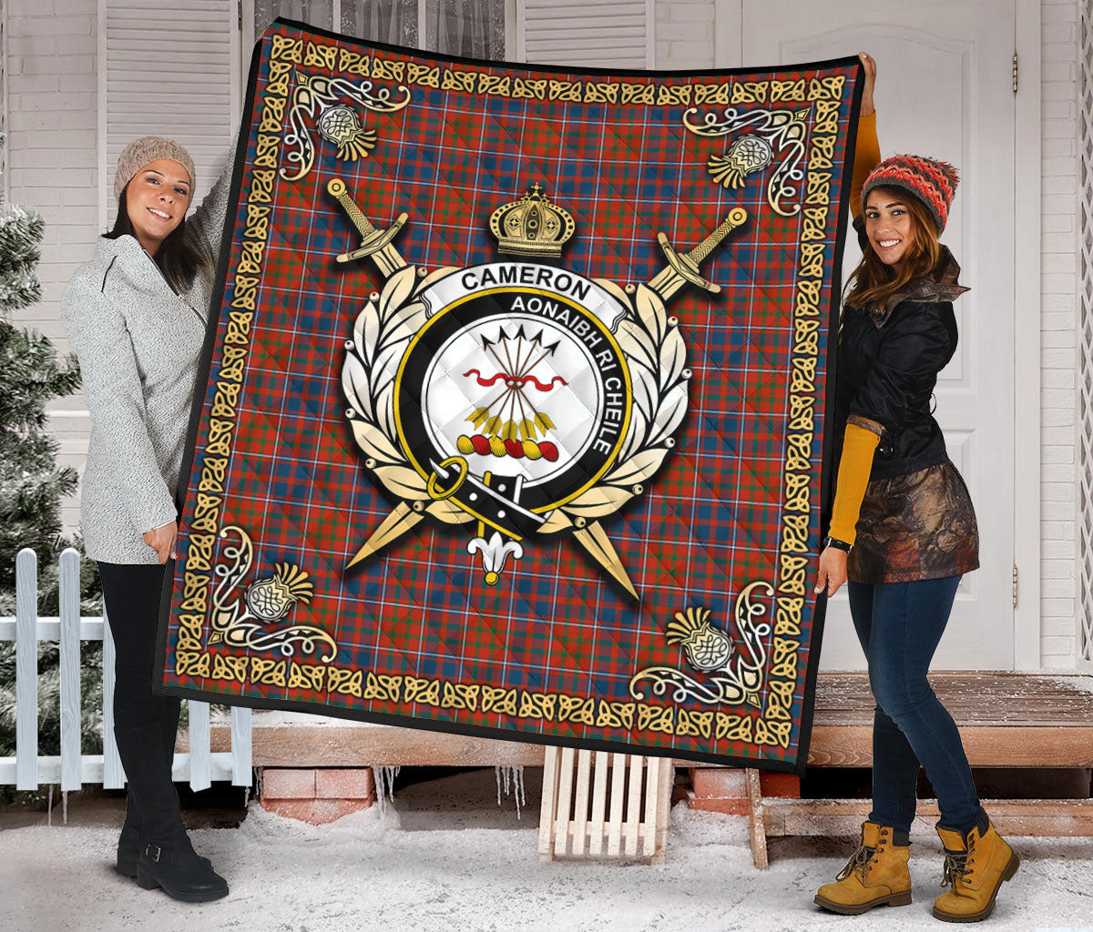 Cameron of Lochiel Ancient Tartan Crest Premium Quilt - Celtic Thistle Style