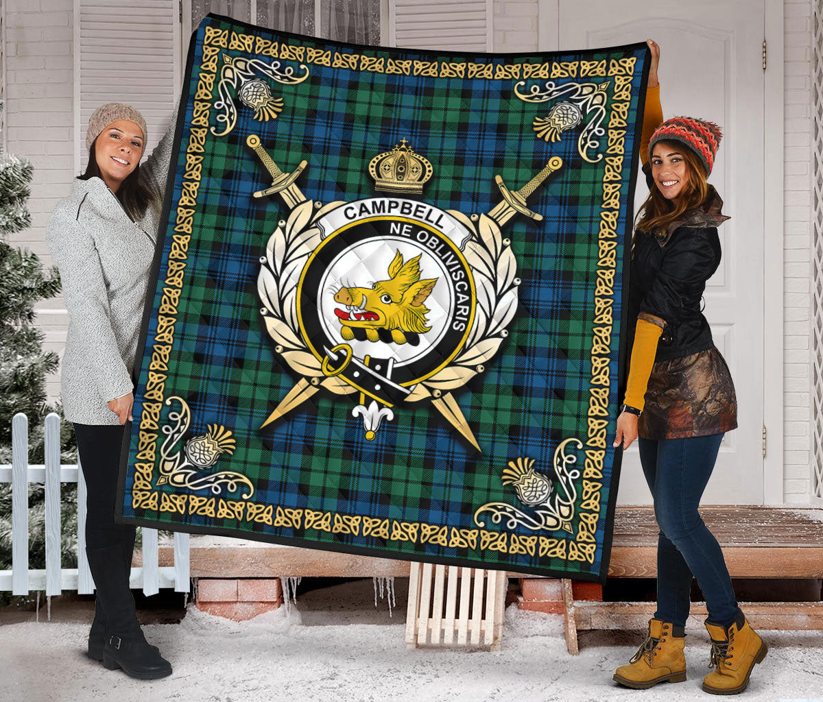 Campbell Ancient 02 Tartan Crest Premium Quilt - Celtic Thistle Style