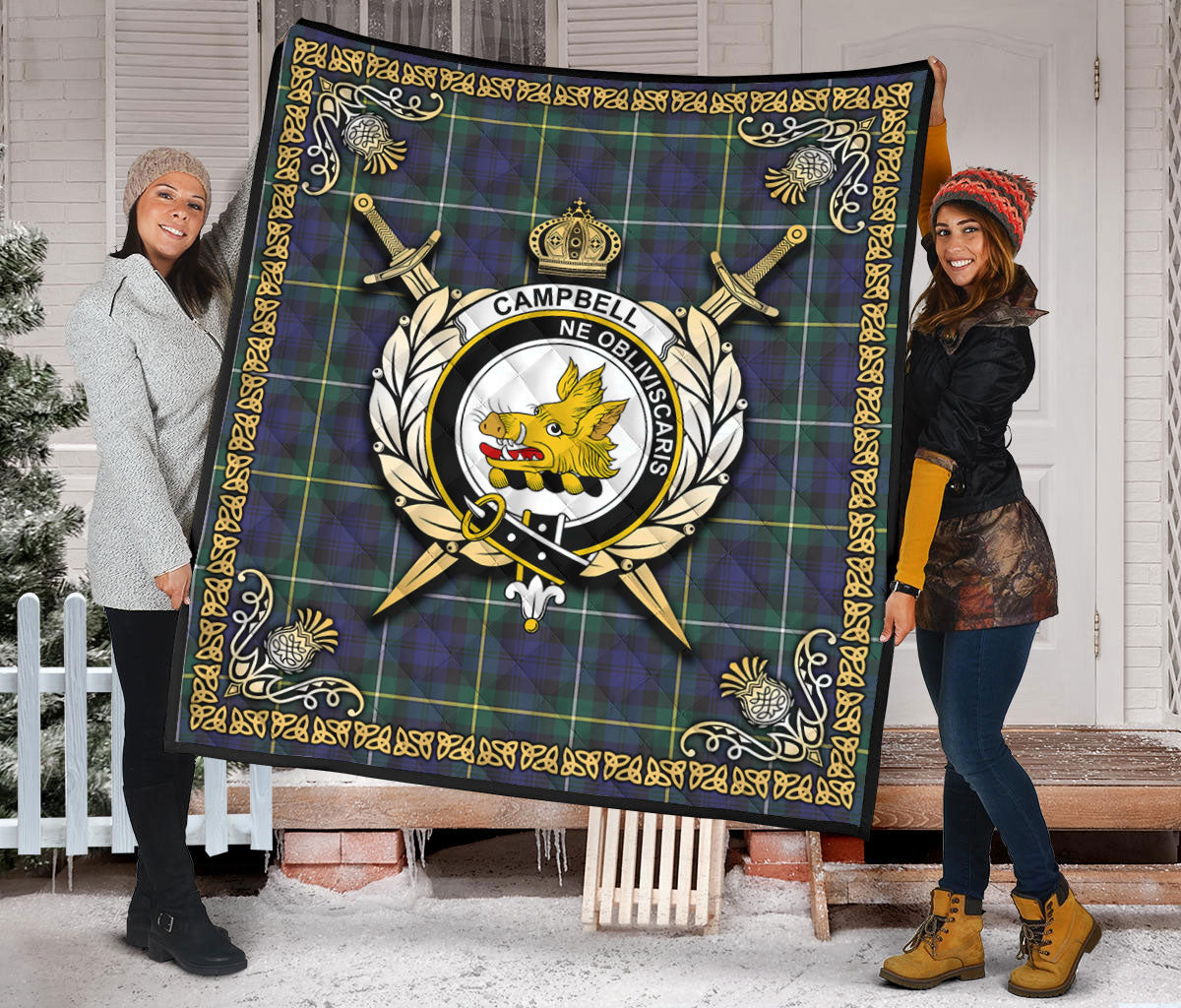 Campbell Argyll Modern Tartan Crest Premium Quilt - Celtic Thistle Style