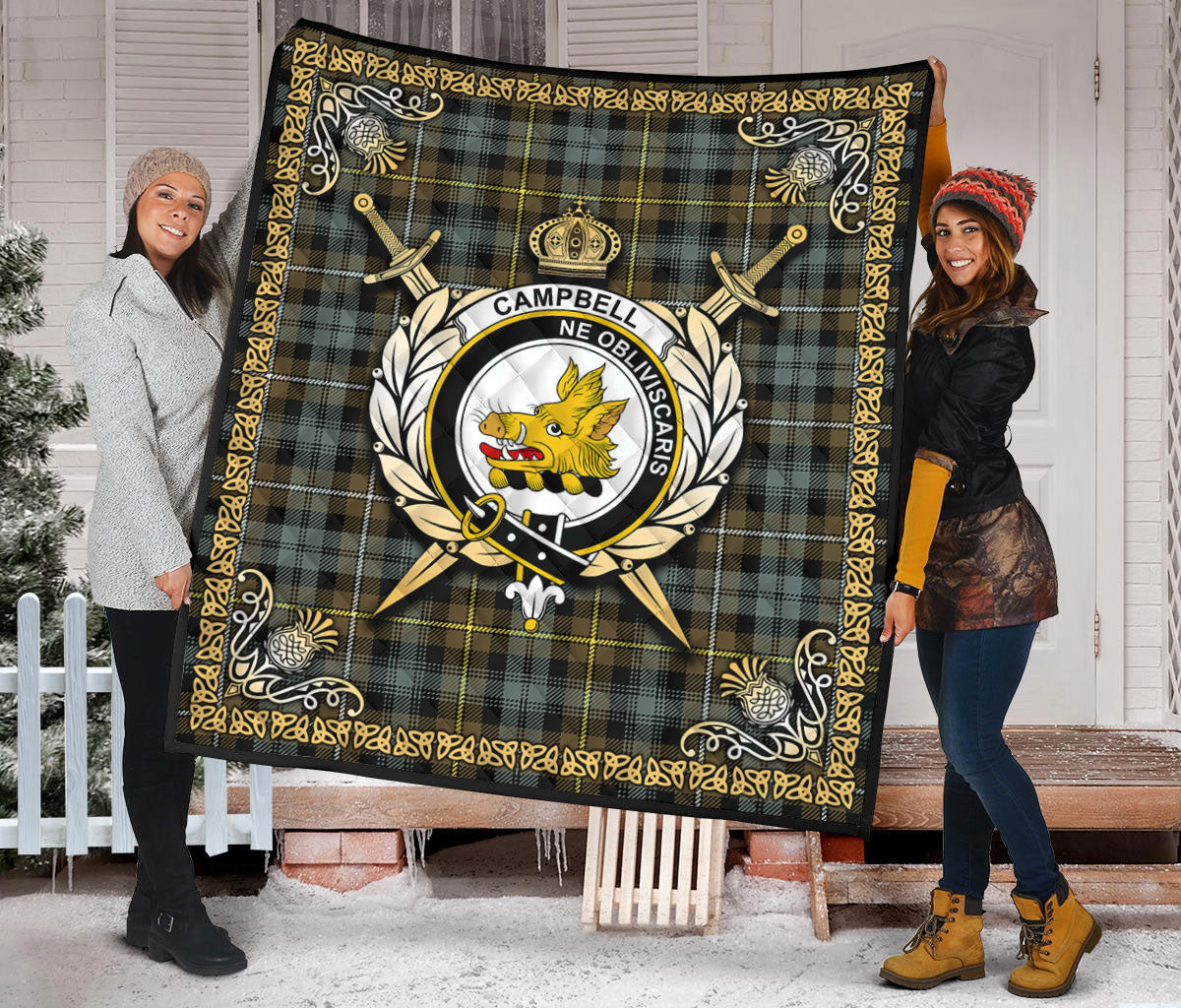 Campbell Argyll Weathered Tartan Crest Premium Quilt - Celtic Thistle Style