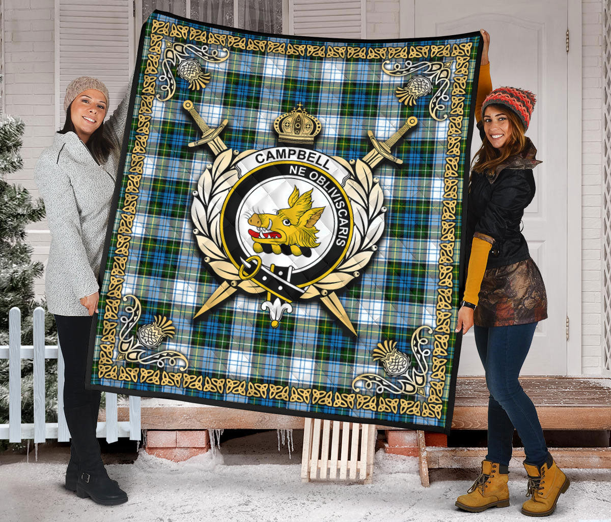 Campbell Dress Tartan Crest Premium Quilt - Celtic Thistle Style