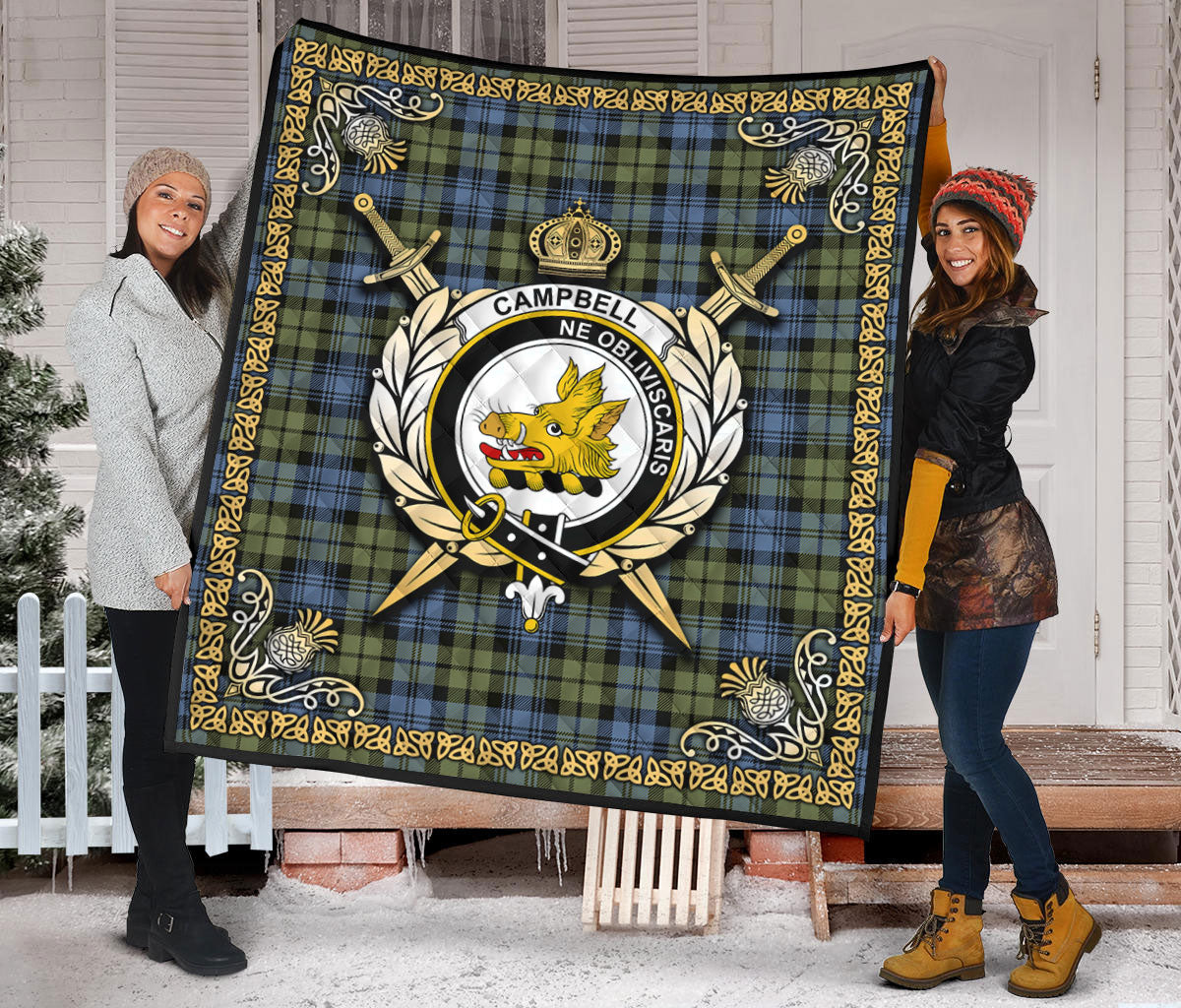 Campbell Faded Tartan Crest Premium Quilt - Celtic Thistle Style