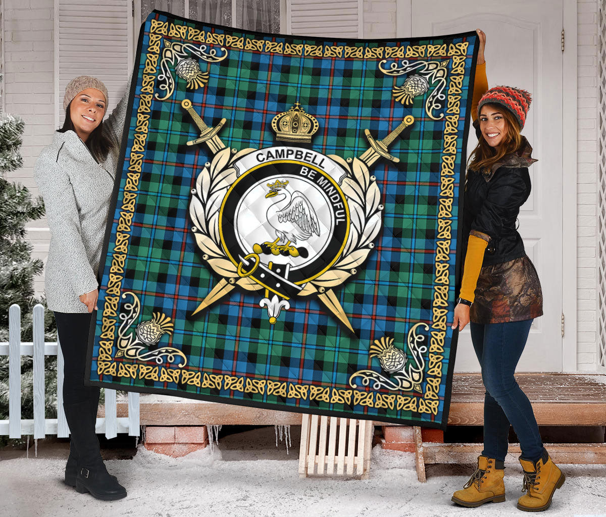 Campbell of Cawdor Ancient Tartan Crest Premium Quilt - Celtic Thistle Style