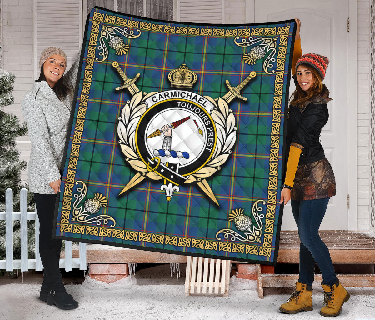 Carmichael Ancient Tartan Crest Premium Quilt - Celtic Thistle Style