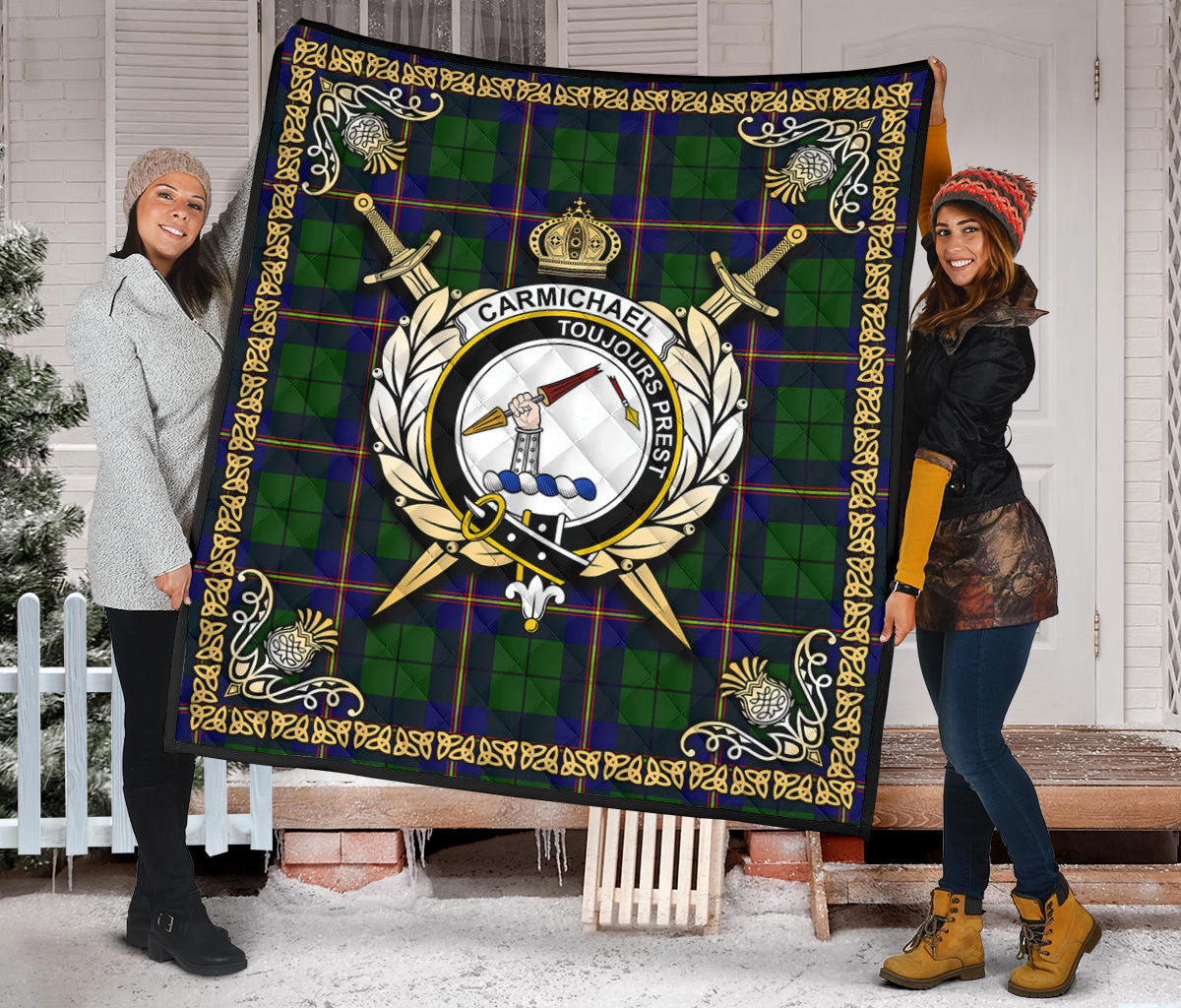 Carmichael Modern Tartan Crest Premium Quilt - Celtic Thistle Style