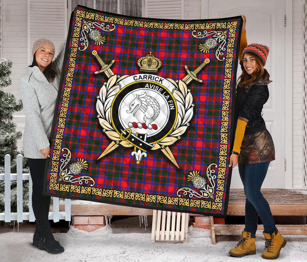 Carrick District Tartan Crest Premium Quilt - Celtic Thistle Style