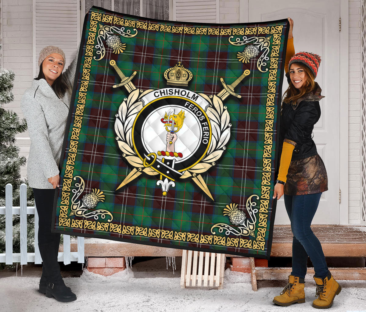 Chisholm Hunting Ancient Tartan Crest Premium Quilt - Celtic Thistle Style