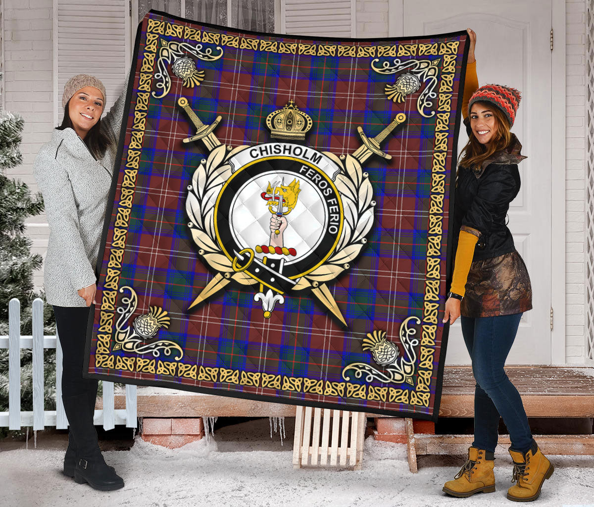 Chisholm Hunting Modern Tartan Crest Premium Quilt - Celtic Thistle Style