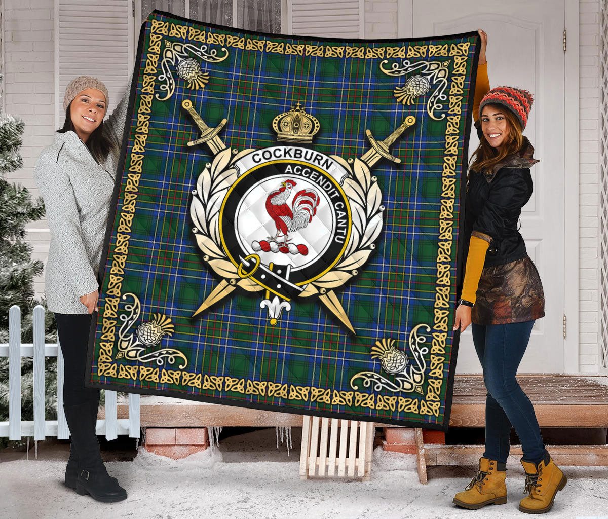 Cockburn Ancient Tartan Crest Premium Quilt - Celtic Thistle Style