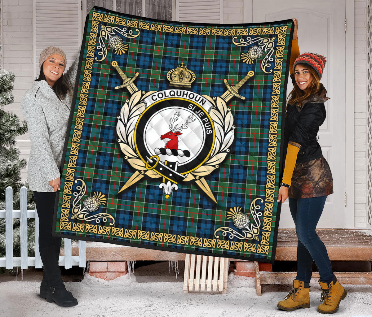 Colquhoun Ancient Tartan Crest Premium Quilt - Celtic Thistle Style