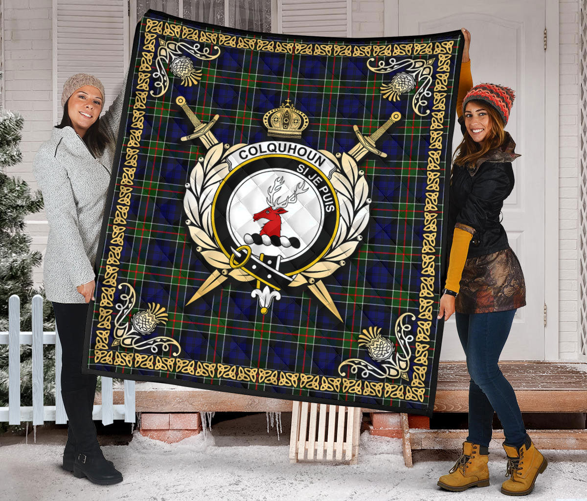 Colquhoun Modern Tartan Crest Premium Quilt - Celtic Thistle Style