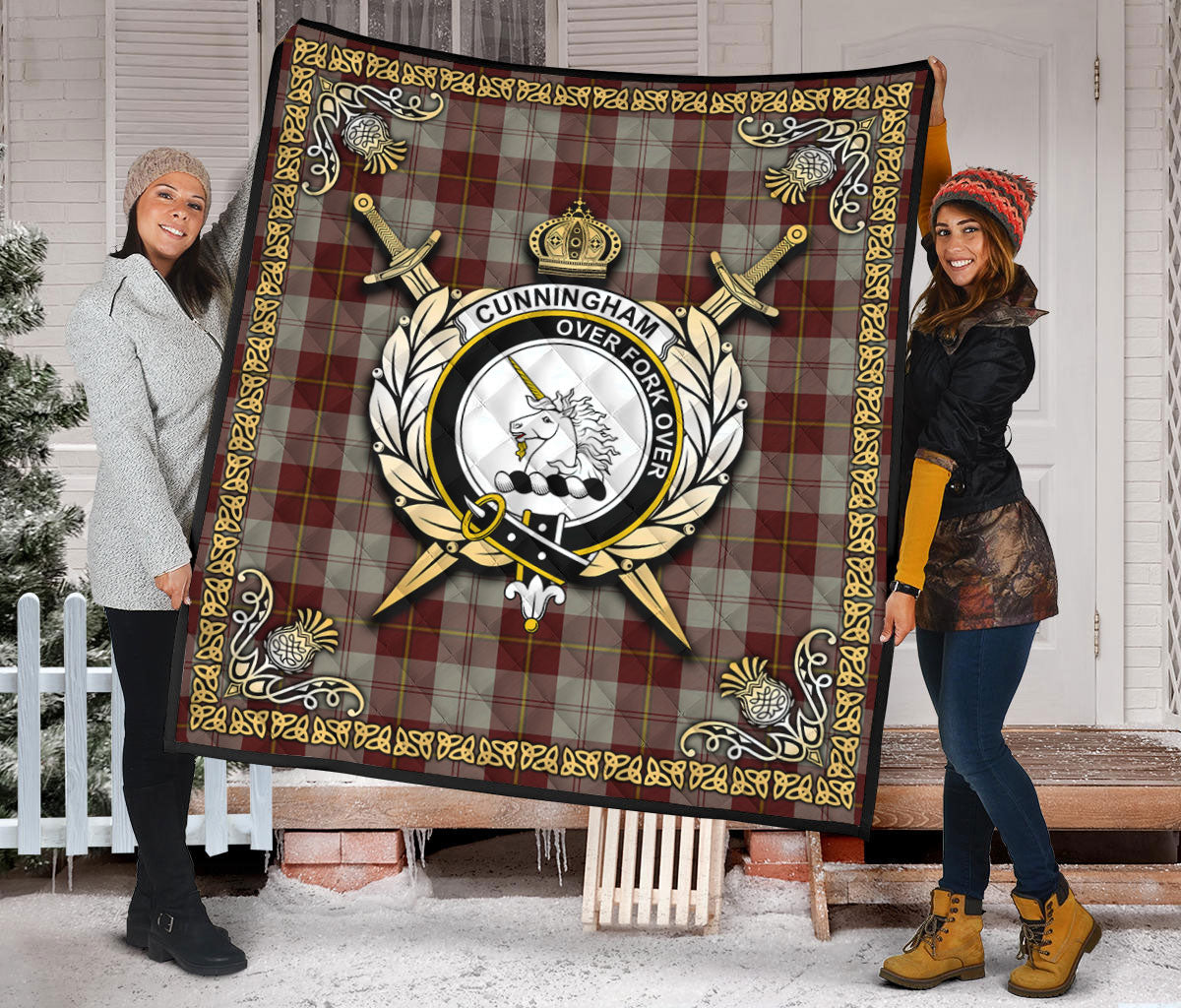 Cunningham Burgundy Dancers Tartan Crest Premium Quilt - Celtic Thistle Style