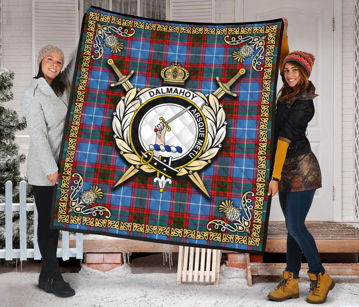 Dalmahoy Tartan Crest Premium Quilt - Celtic Thistle Style