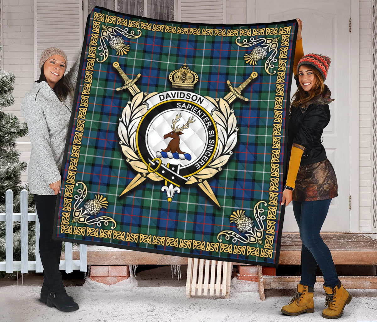 Davidson of Tulloch Tartan Crest Premium Quilt - Celtic Thistle Style