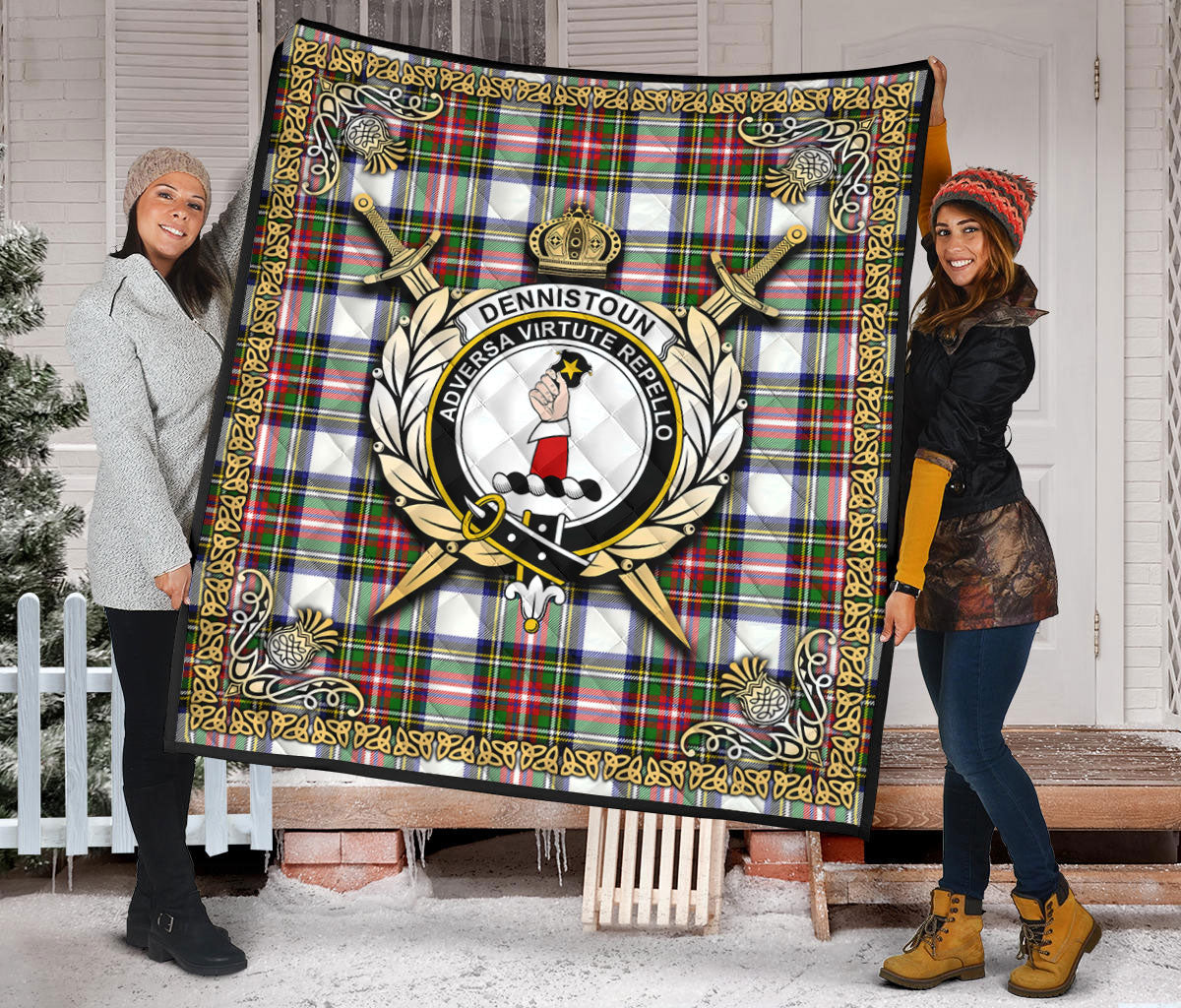 Dennistoun Tartan Crest Premium Quilt - Celtic Thistle Style