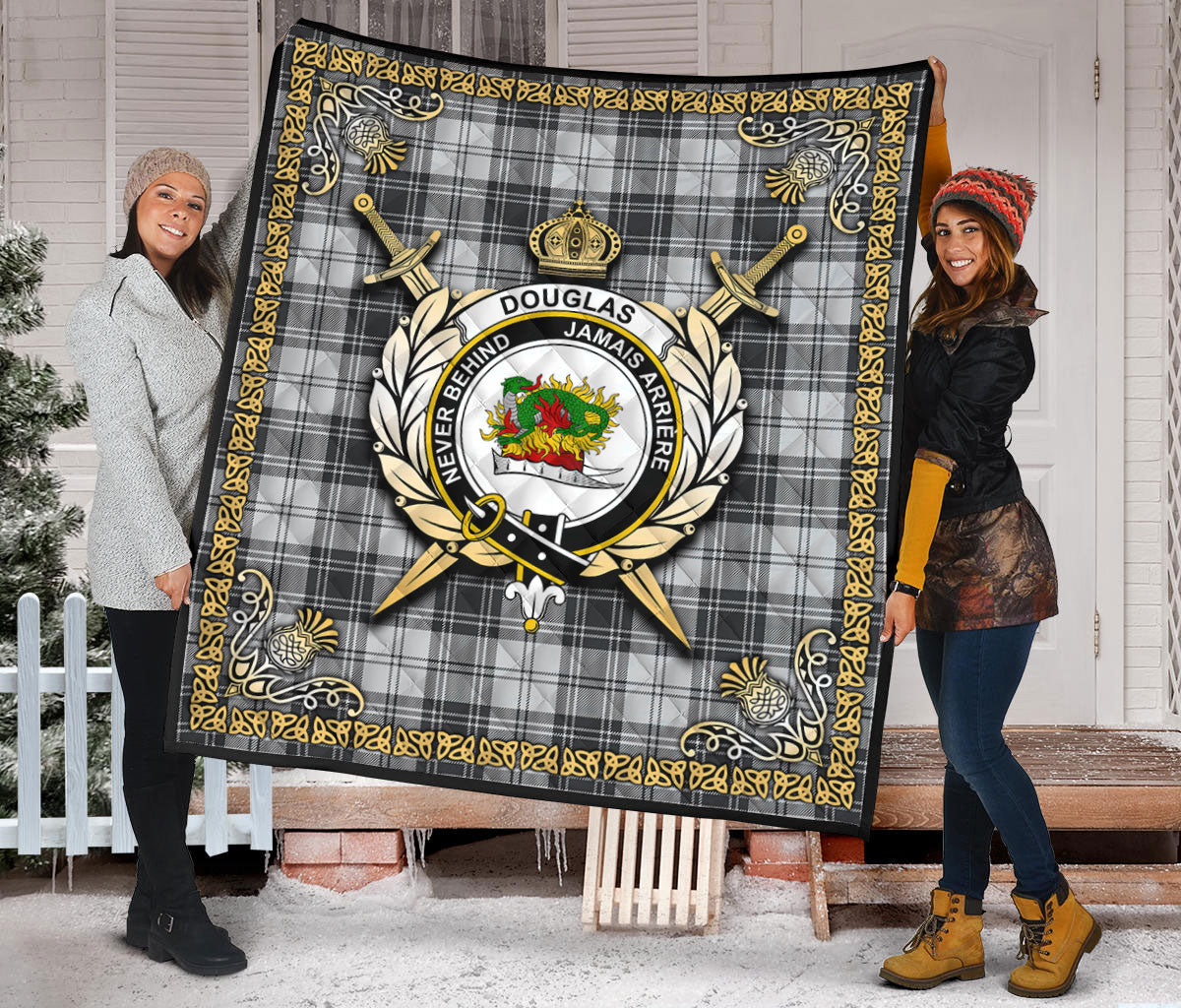 Douglas Grey Modern Tartan Crest Premium Quilt - Celtic Thistle Style