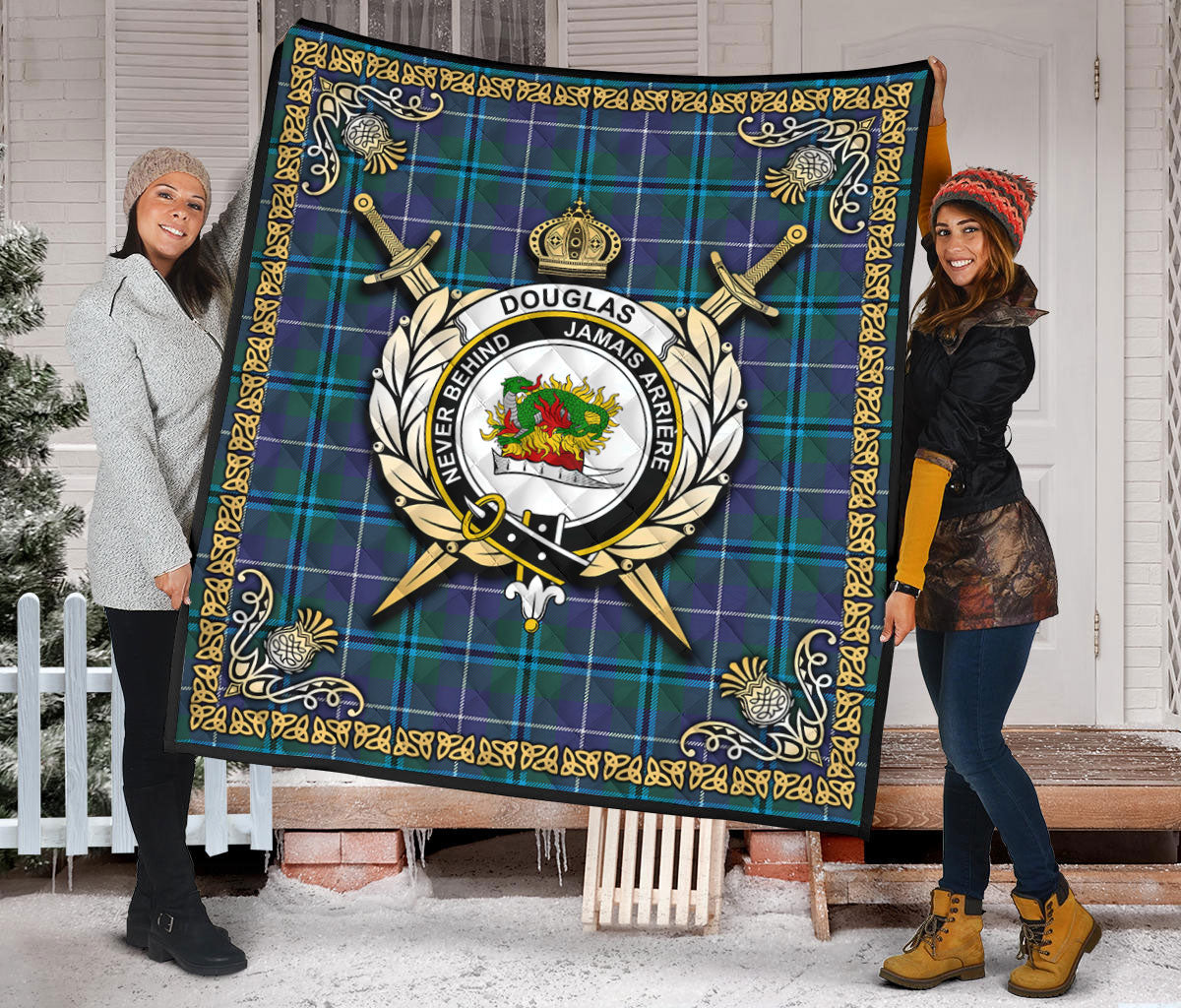 Douglas Modern Tartan Crest Premium Quilt - Celtic Thistle Style