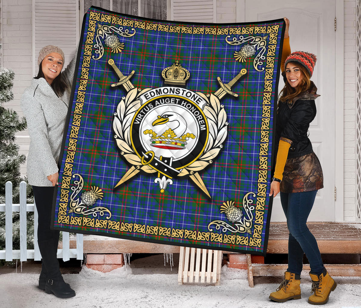 Edmonstone Tartan Crest Premium Quilt - Celtic Thistle Style