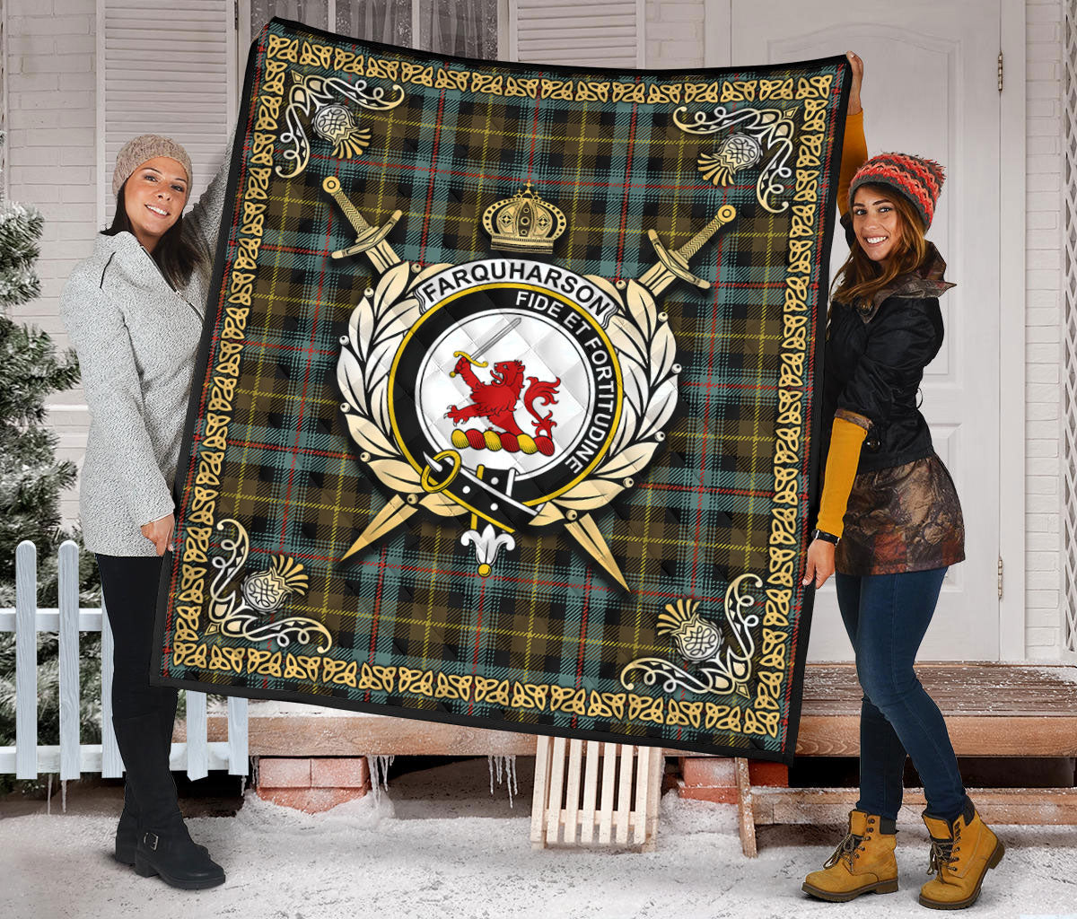 Farquharson Weathered Tartan Crest Premium Quilt - Celtic Thistle Style