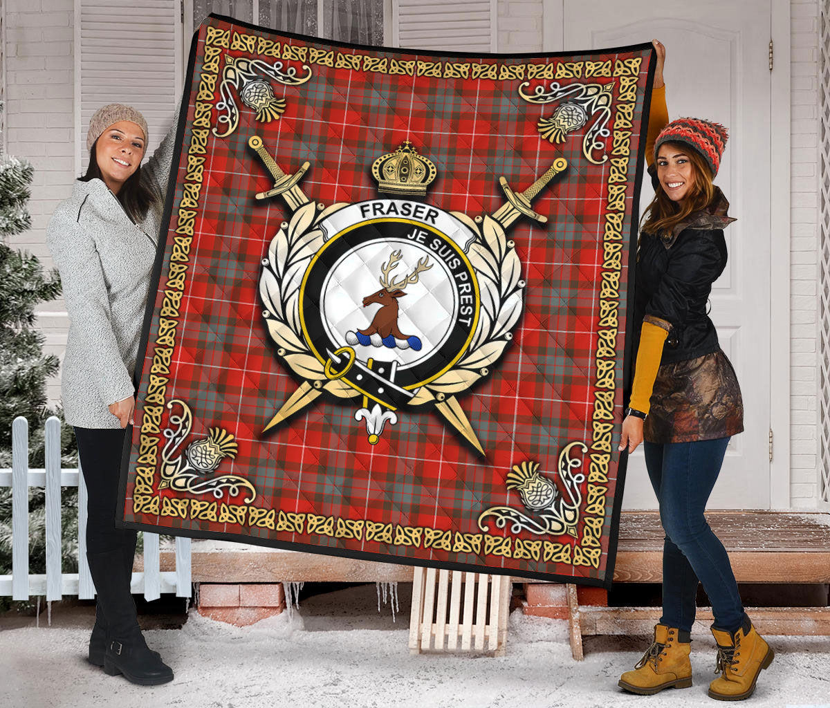 Fraser (of Lovat) Weathered Tartan Crest Premium Quilt - Celtic Thistle Style