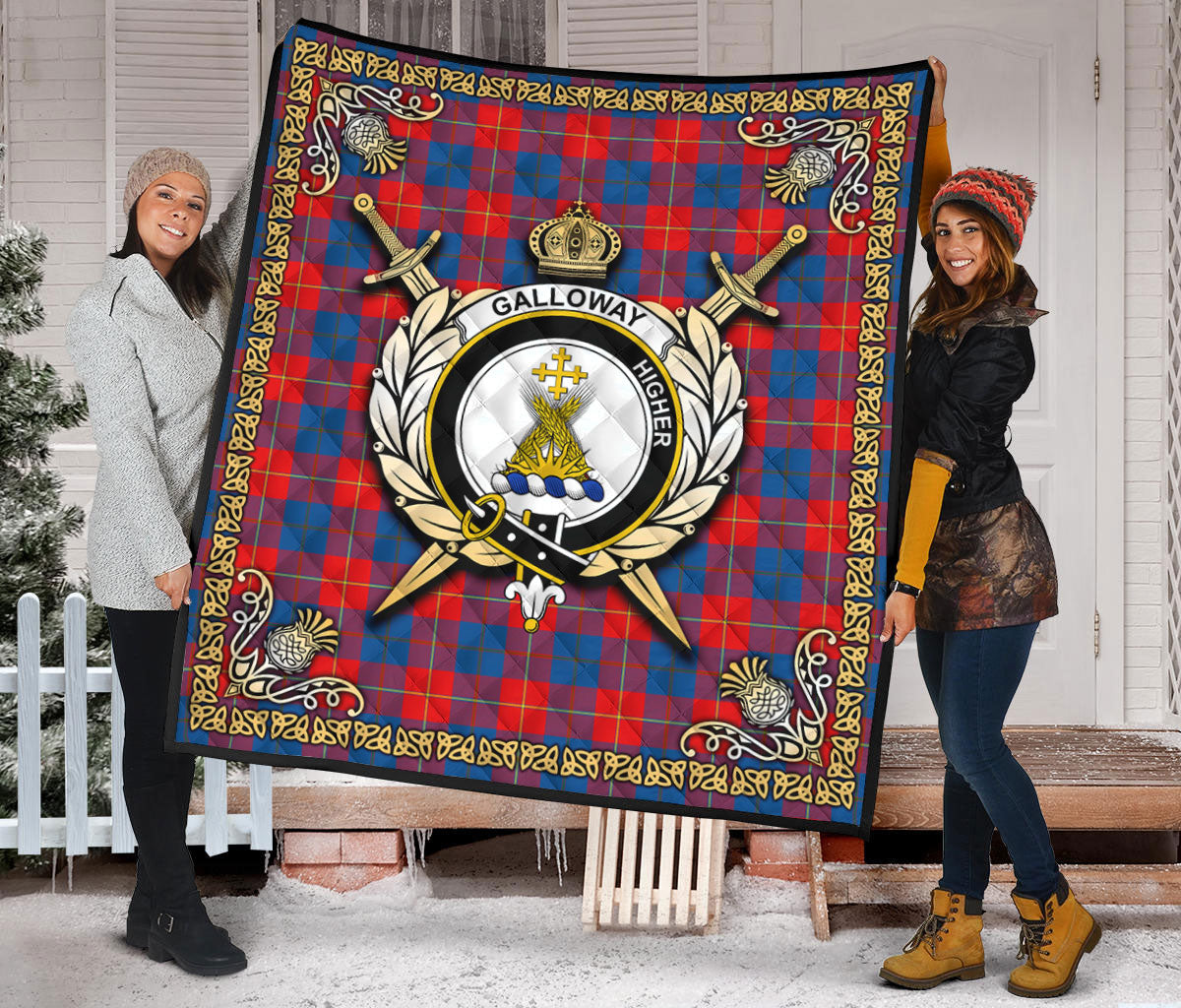 Galloway Red Tartan Crest Premium Quilt - Celtic Thistle Style