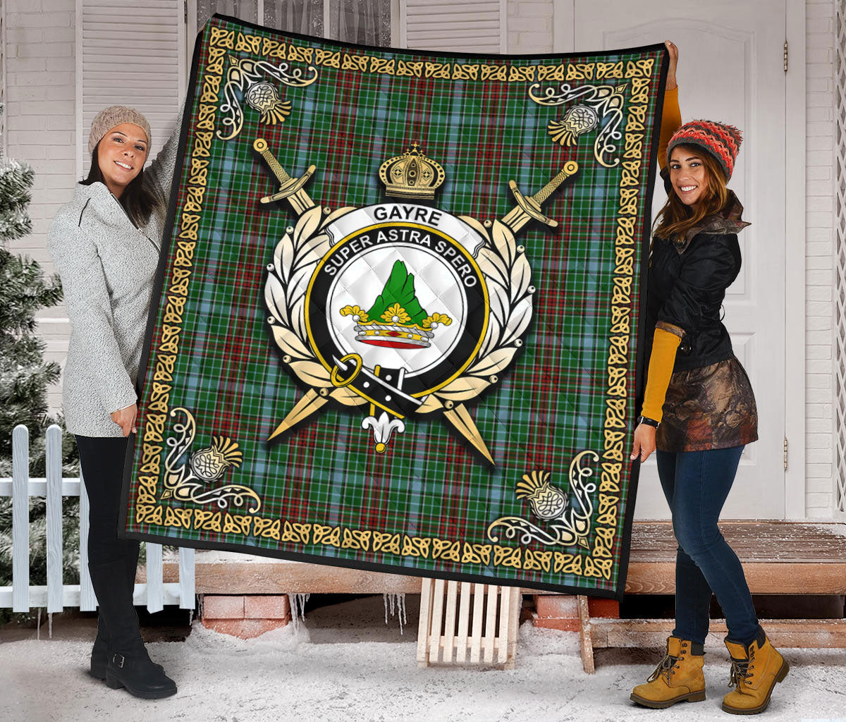 Gayre Tartan Crest Premium Quilt - Celtic Thistle Style