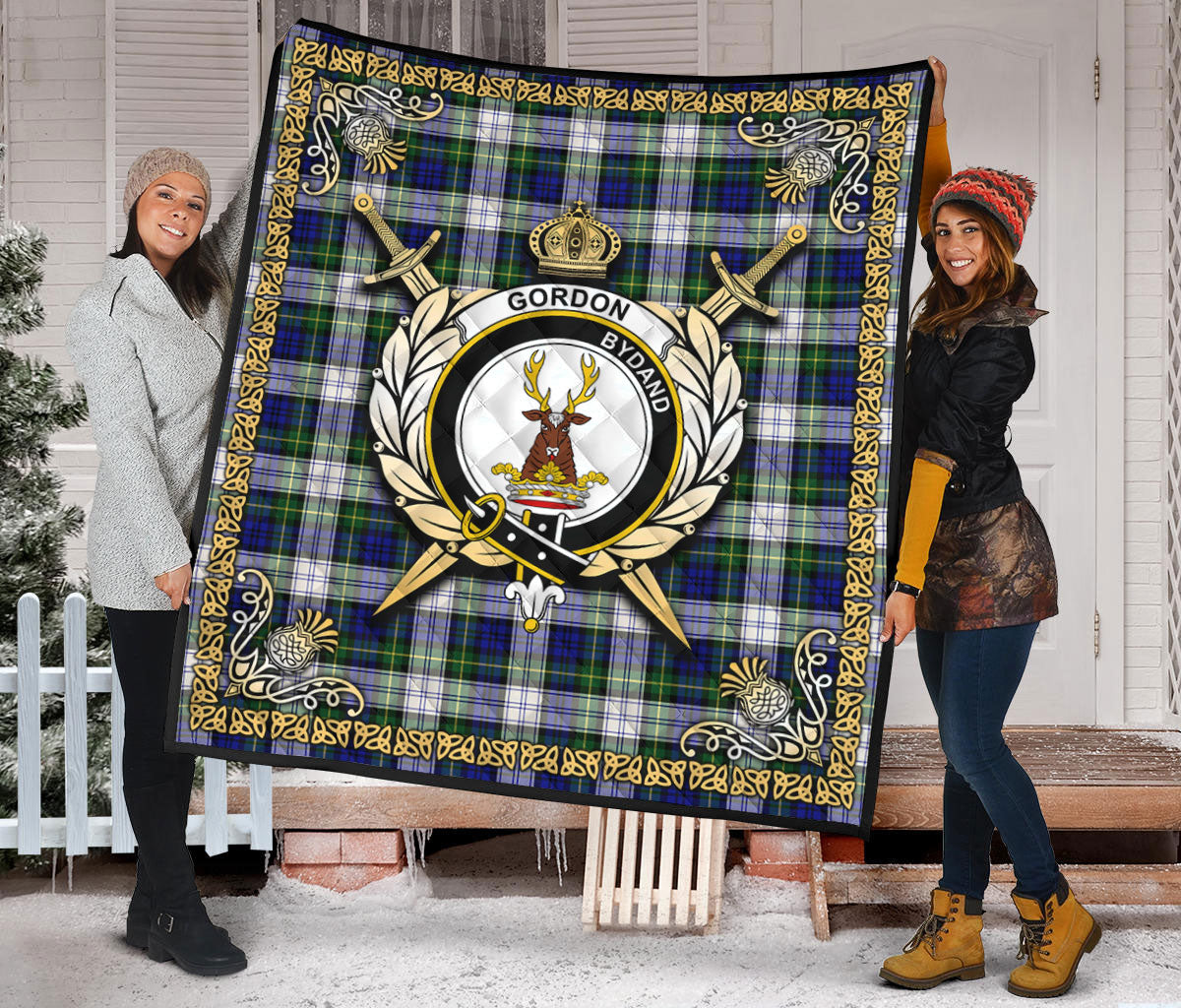 Gordon Dress Modern Tartan Crest Premium Quilt - Celtic Thistle Style