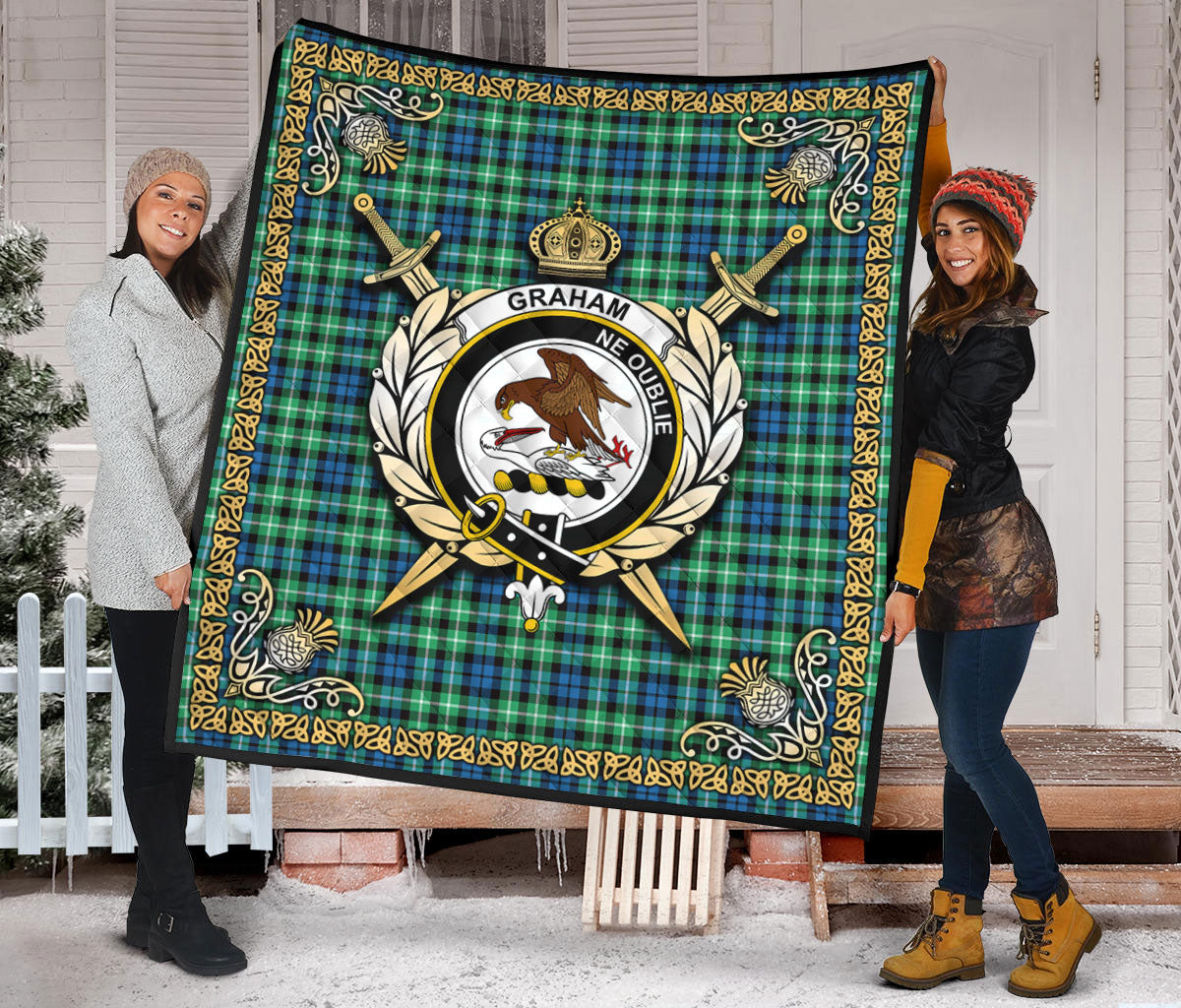 Graham of Montrose Ancient Tartan Crest Premium Quilt - Celtic Thistle Style