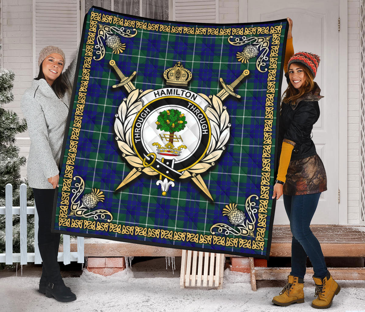 Hamilton Hunting Modern Tartan Crest Premium Quilt - Celtic Thistle Style