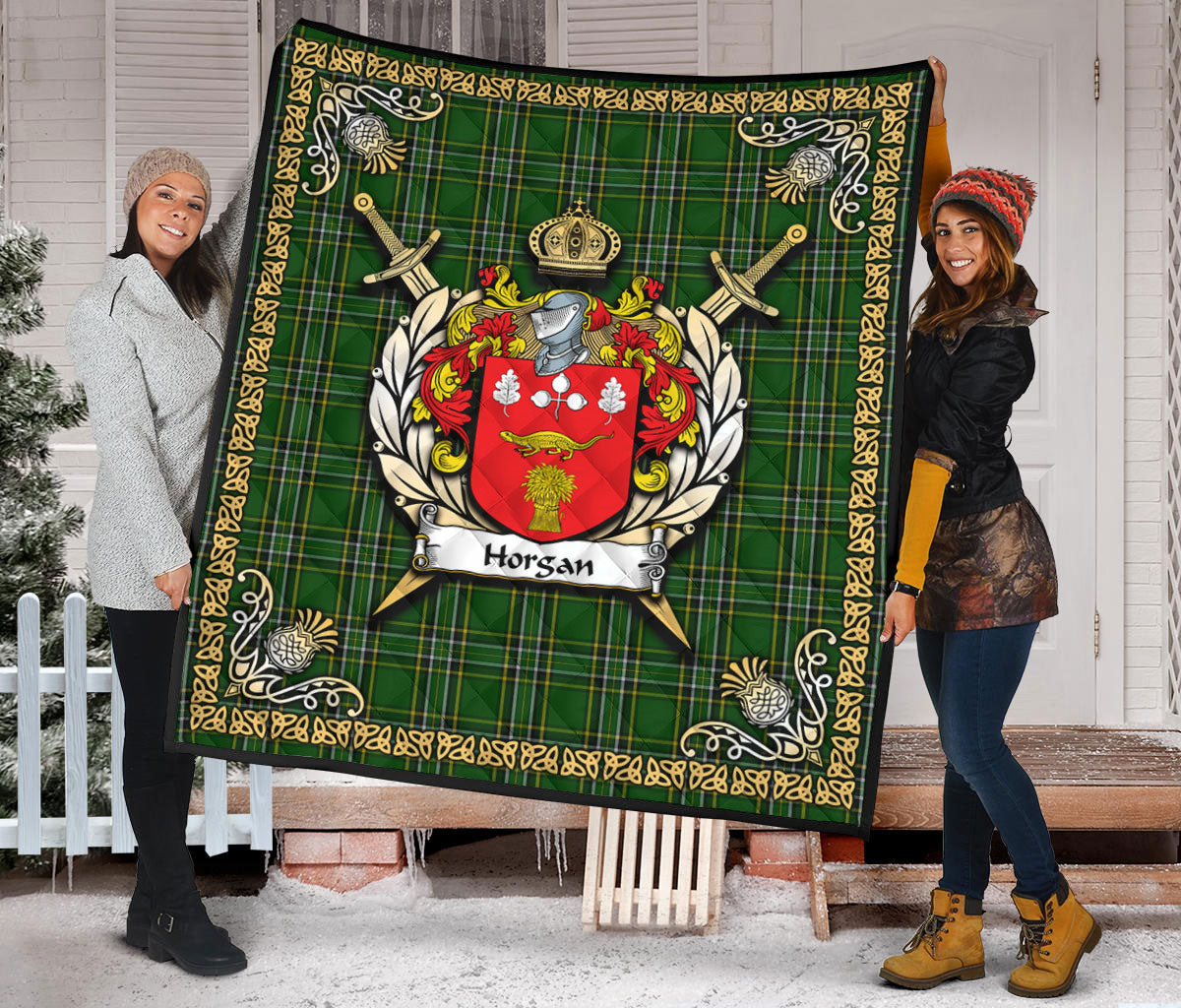 Horgan Tartan Crest Premium Quilt - Celtic Thistle Style