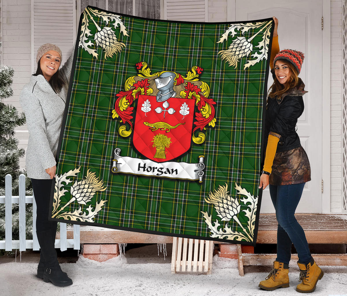 Horgan Tartan Crest Premium Quilt - Gold Thistle Style