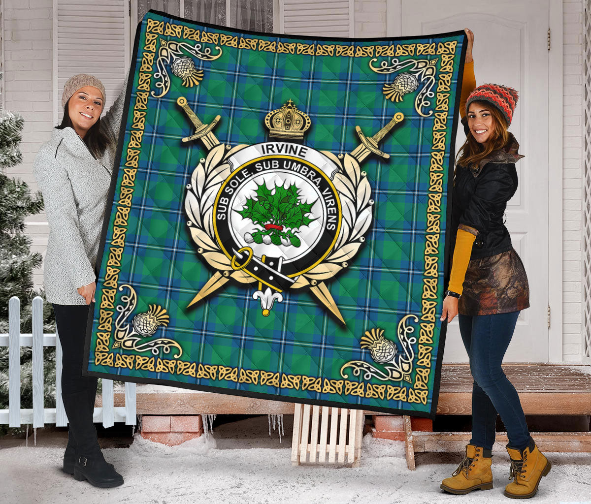 Irvine Ancient Tartan Crest Premium Quilt - Celtic Thistle Style