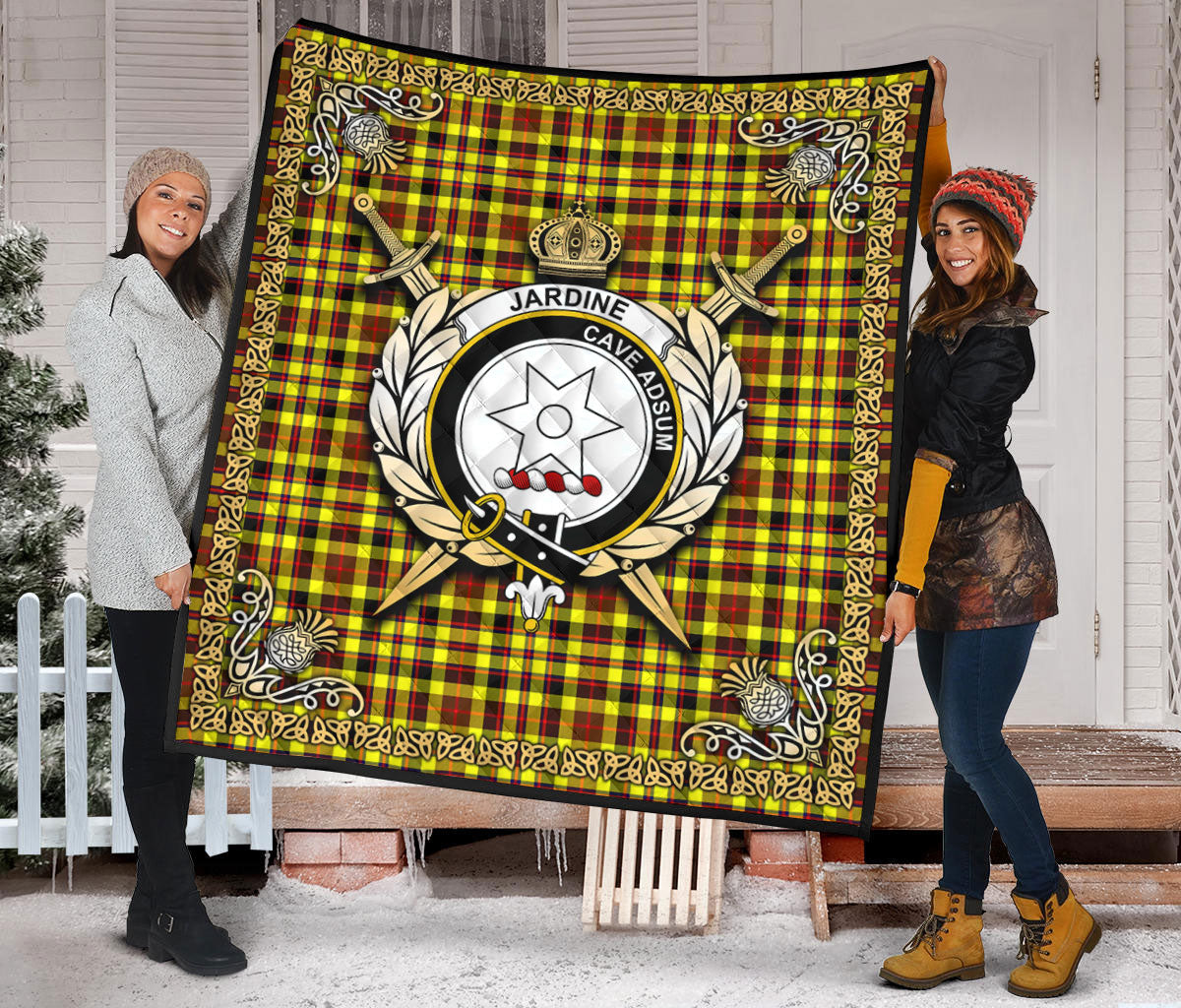 Jardine Tartan Crest Premium Quilt - Celtic Thistle Style