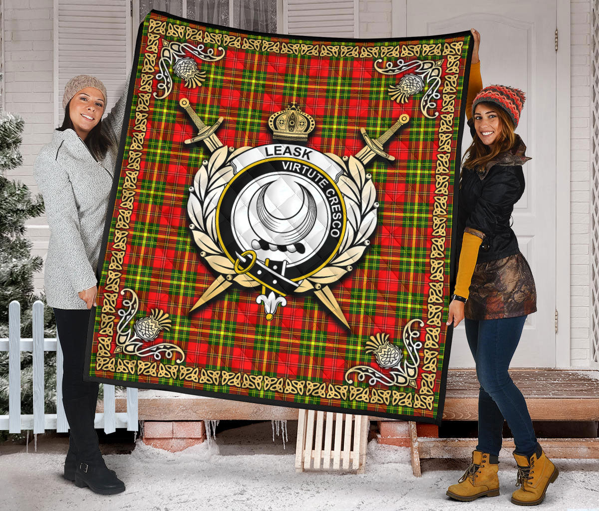 Leask Tartan Crest Premium Quilt - Celtic Thistle Style