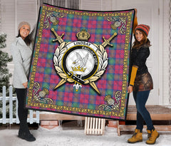 Lindsay Ancient Tartan Crest Premium Quilt - Celtic Thistle Style