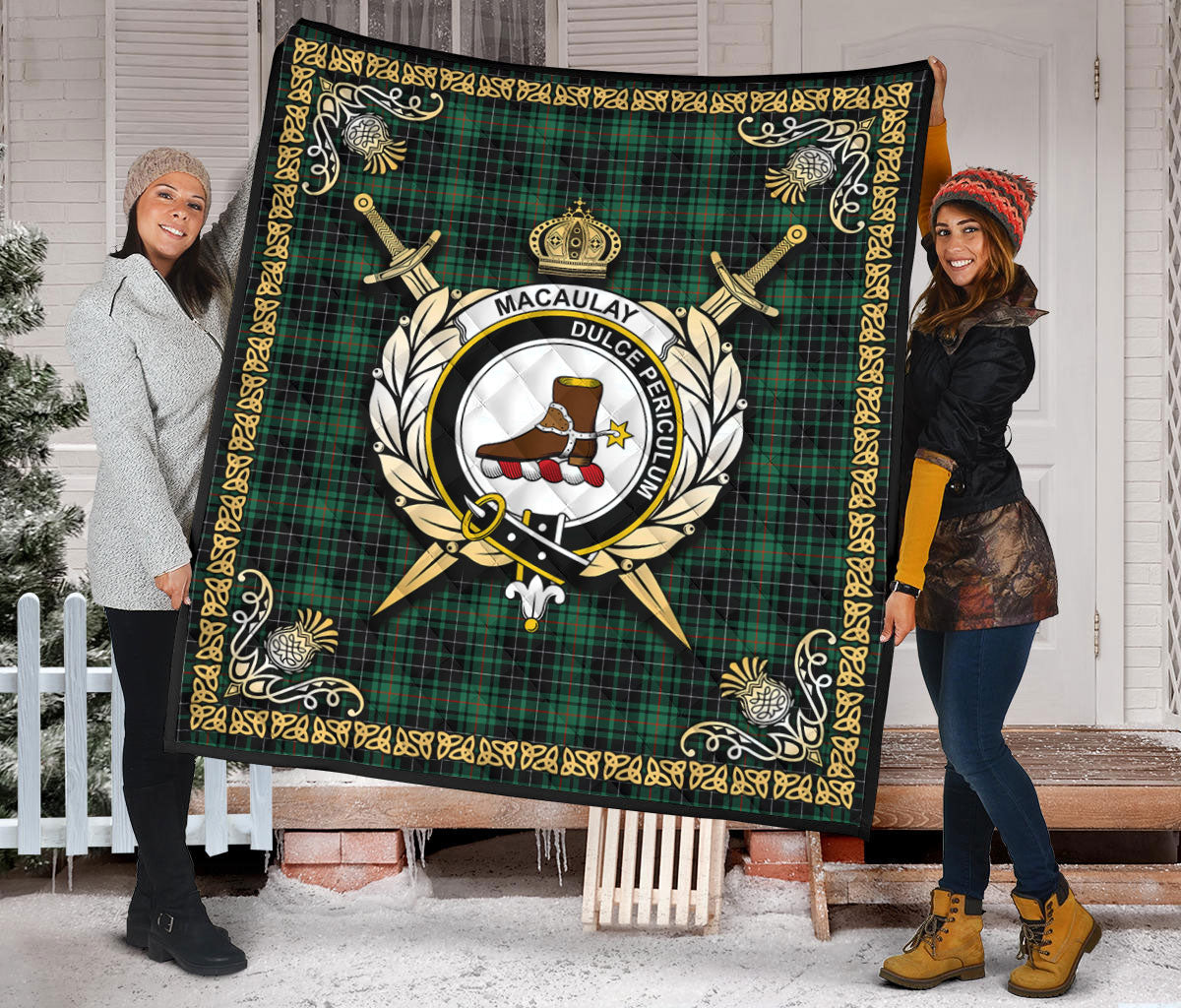 MacAulay Hunting Ancient Tartan Crest Premium Quilt - Celtic Thistle Style