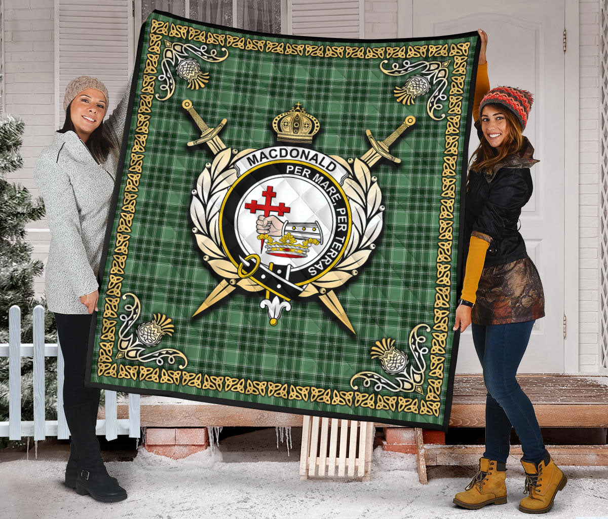 MacDonald Lord of the Isles Hunting Tartan Crest Premium Quilt - Celtic Thistle Style